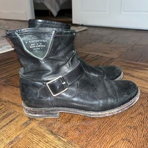 Frye Black Leather Harness Ankle Boots